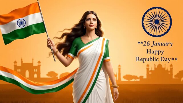 Indian Republic Day Patriotism Woman Holding Flag in Saree Jai Hind