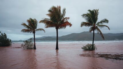 Palm trees standing in flooded beach landscape during storm