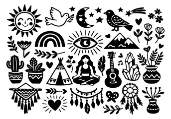 Obraz premium Hand drawn bohemian illustration set featuring spiritual and nature elements for creative projects