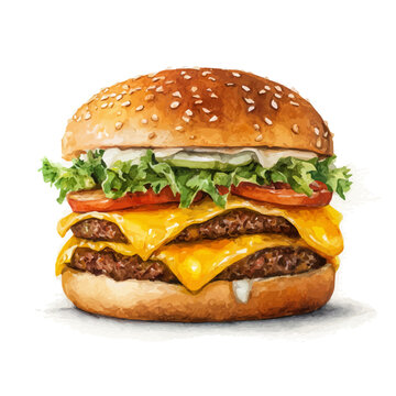 Burger, watercolor painting vector, isolated on a white background.