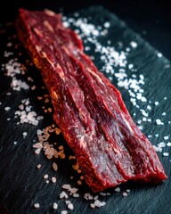 Raw hanger steak with sea salt on a dark slate board