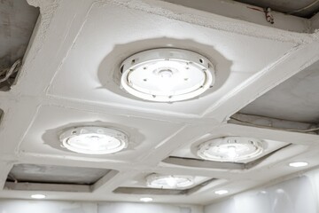 Recessed ceiling lights being installed in a drywall ceiling