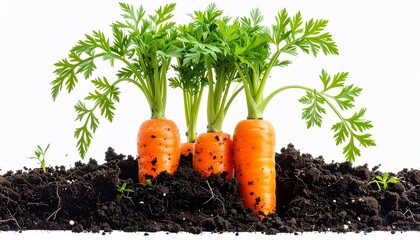 Freshly Harvested Carrots with Green Tops Growing in Rich Dark Soil