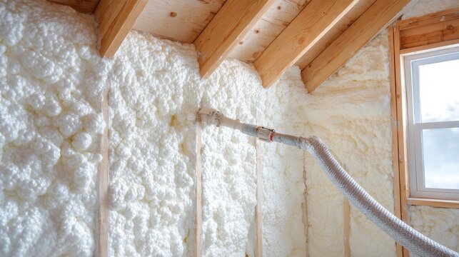Sprayed foam insulation filling wall cavities inside a building