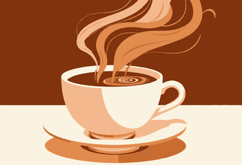 Obraz premium Abstract Illustration of a Steaming Hot Coffee Cup with Swirling Vapor, Sitting on a White Saucer Against a Warm Brown Background