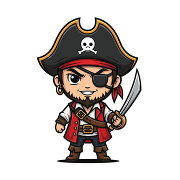Cartoon Pirate Character with Sword and Hat.