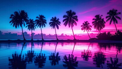 Vibrant Tropical Sunset with Palm Tree Silhouettes and Water Reflections