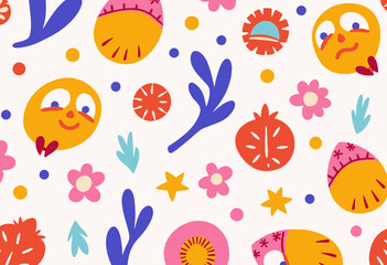 Colorful Abstract Pattern with Playful Faces and Floral Elements in Vibrant Shades of Orange, Pink, and Blue on a Light Background