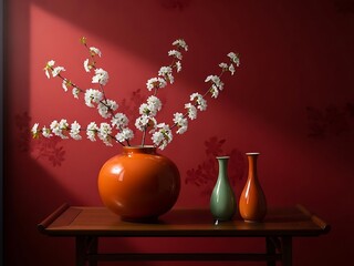 Still life with white flowers in a brown vase on a table