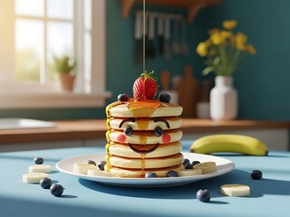 A stack of pancakes with a smiley face on a plate with fruit