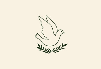 Elegant White Dove in Flight Over Green Olive Branch Symbolizing Peace and Harmony on Light Background for Tranquility and Hope Illustration
