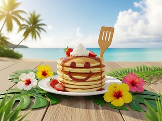 Smiling pancake stack on a tropical beach with flowers and a spatula