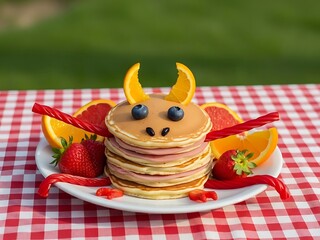 A stack of pancakes with fruit on a red and white checkered tablecloth outdoors