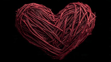 Red Twine Heart Shaped Wicker Craft on Black Background.