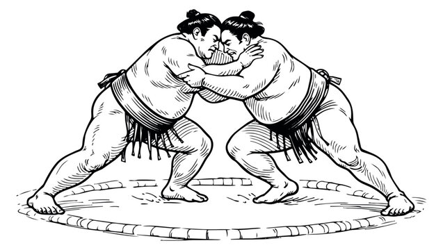 Hand drawn line art illustration of two sumo wrestlers depicting grappling in a match for a sports event