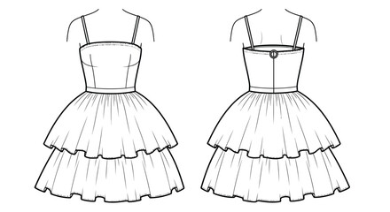 A detailed line drawing of a dress from front and back views