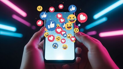Engaging Social Media Concept with Hands Holding Smartphone and Floating Like, Heart and Emoji Icons