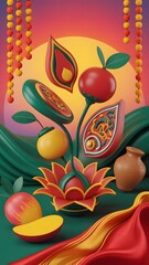 Vibrant Pahela Boishakh abstract 3D art featuring pottery festive mangoes and floral patterns
