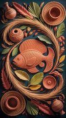 3D abstract art with terracotta style fish and traditional motifs for Boishakh
