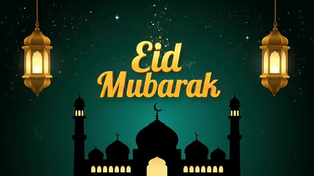 Eid Mubarak greeting with mosque and lanterns on green.