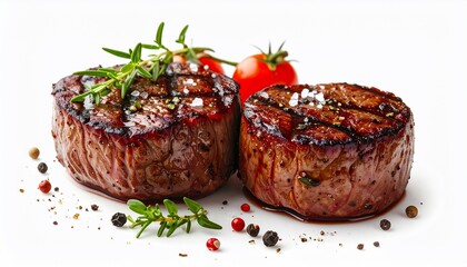 Two Perfectly Grilled Beef Steaks with Rosemary and Spices on White