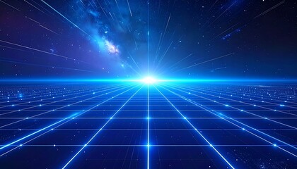 Futuristic blue grid stretching toward a bright point in space