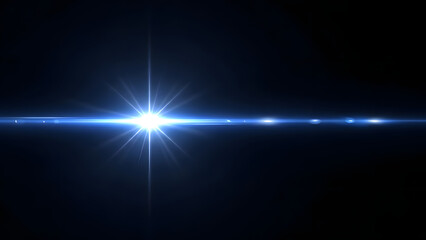 A bright blue starburst flares in the darkness with light rays and bokeh effects, creating a radiant cosmic glow
