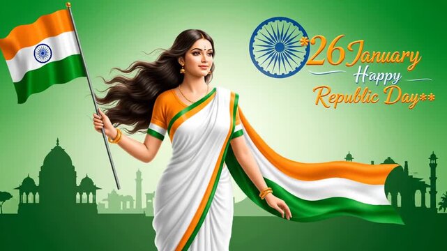 Indian Republic Day Woman Flag 26 January Celebration Illustration