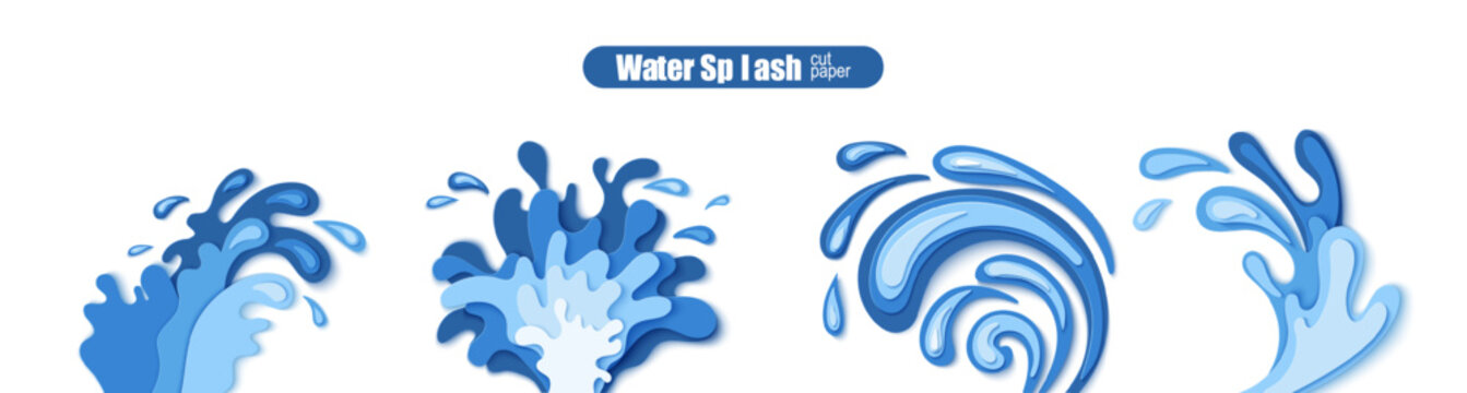 Papercut art with 3D wave and splash drops for save water ecology theme. Sea vector design with paper cut style, perfect for Songkran or conservation kit clipart projects.