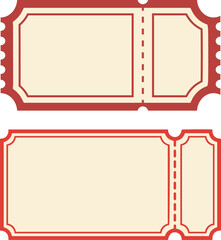 Blank red vintage ticket stub template vector set isolated on white. Classic retro style blank ticket stub with perforated tear line and decorative edges in red colors. events, cinema, theater.