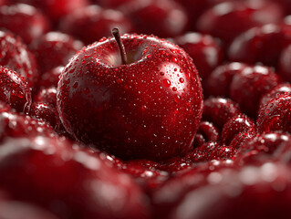 Red apple surrounded by a multitude of glistening red apples, showcasing droplets of water, emphasizing freshness and natural beauty in a vibrant, appetizing arrangement