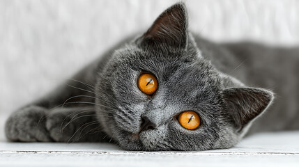 Gray cat with striking orange eyes is resting comfortably on a white surface, showcasing its soft fur and relaxed demeanor in a cozy indoor environment