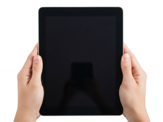 Hands holding tablet device isolated on transparent background
