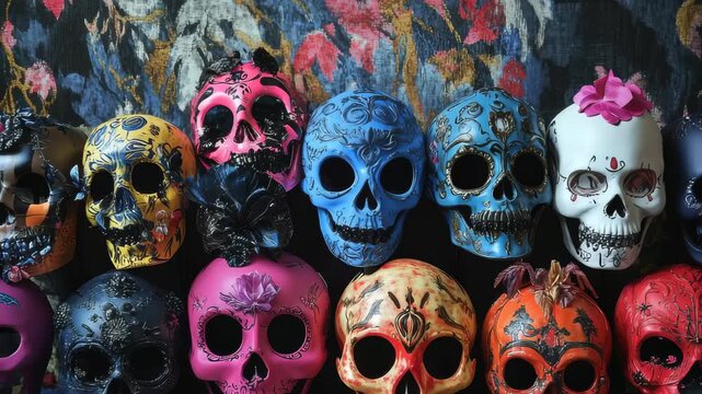 Decorative Skulls Arranged in Vibrant Colors Against a Floral Backdrop During a Cultural Celebration