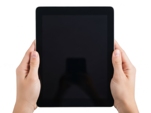 Hands holding tablet device isolated on transparent background - Powered by Adobe