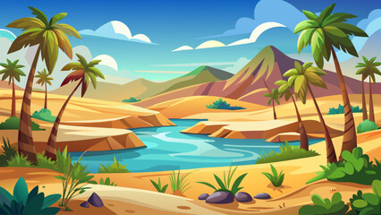 Fototapeta premium Desert oasis landscape with palm trees and water surrounded by sand dunes