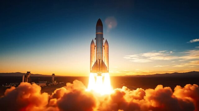Space shuttle launching into the sky with bright flames at sunrise, dramatic view of mission.