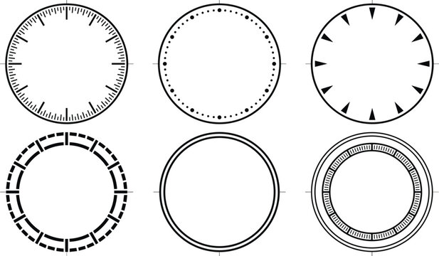 Stylized grid of six analog clock face designs with varied hour and minute marker styles