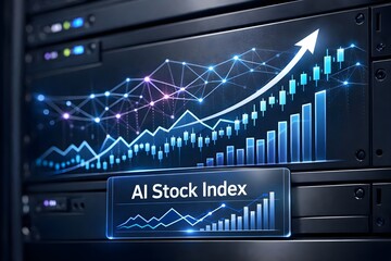 Holographic AI Stock Index chart projected onto a server rack symbolizes technological financial growth.