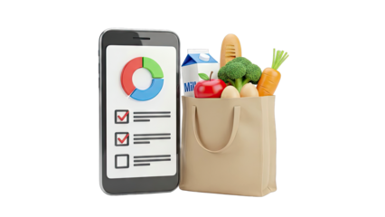 Grocery Shopping App with Food Items and Pie Chart