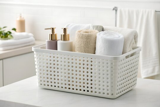 Plastic Bathroom Storage Basket with Towels & Toiletries: Clean Minimal Bathroom Interior Soft Lighting Photos