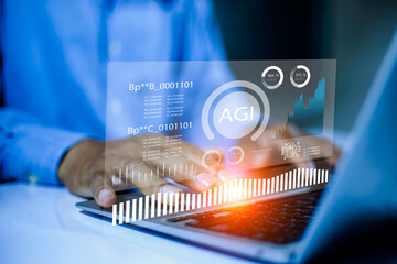 Artificial general intelligence concept showing AGI interface, advanced AI technology, machine learning, data processing and automation icons.