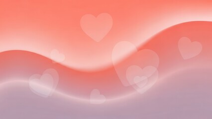Abstract wavy background with floating heart shapes in a soft coral and purple gradient for loving themes