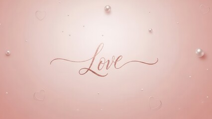Rose gold glittering love calligraphy text centered on soft pink background surrounded by scattered pearls and subtle heart outlines