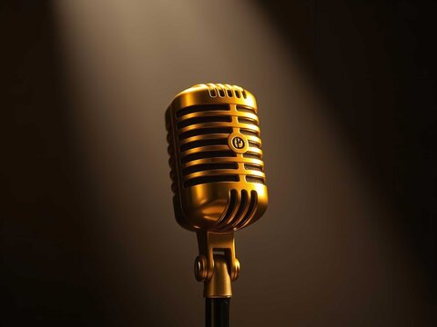 A vintage gold microphone stands alone in a spotlight on a dark background