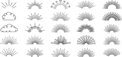 Collection of abstract sunburst designs in various styles on a white background