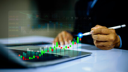 Investment and stock market growth concept showing rising arrow, candlestick chart, financial data and global business analytics background.