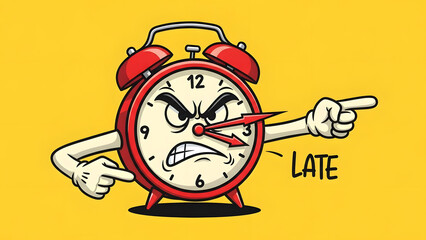 Angry alarm clock pointing finger stating late with aggressive expression