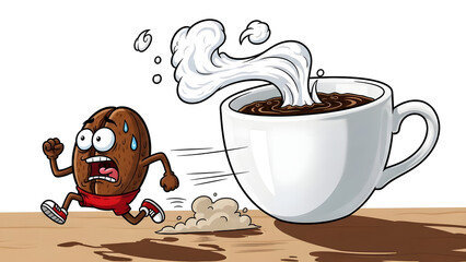Stressed running coffee bean trying to escape hot morning beverage cup humorously suggesting energy boost