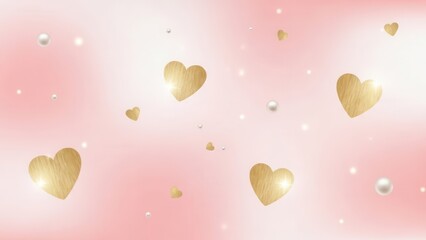 Abstract pink background with golden wooden hearts and pearls